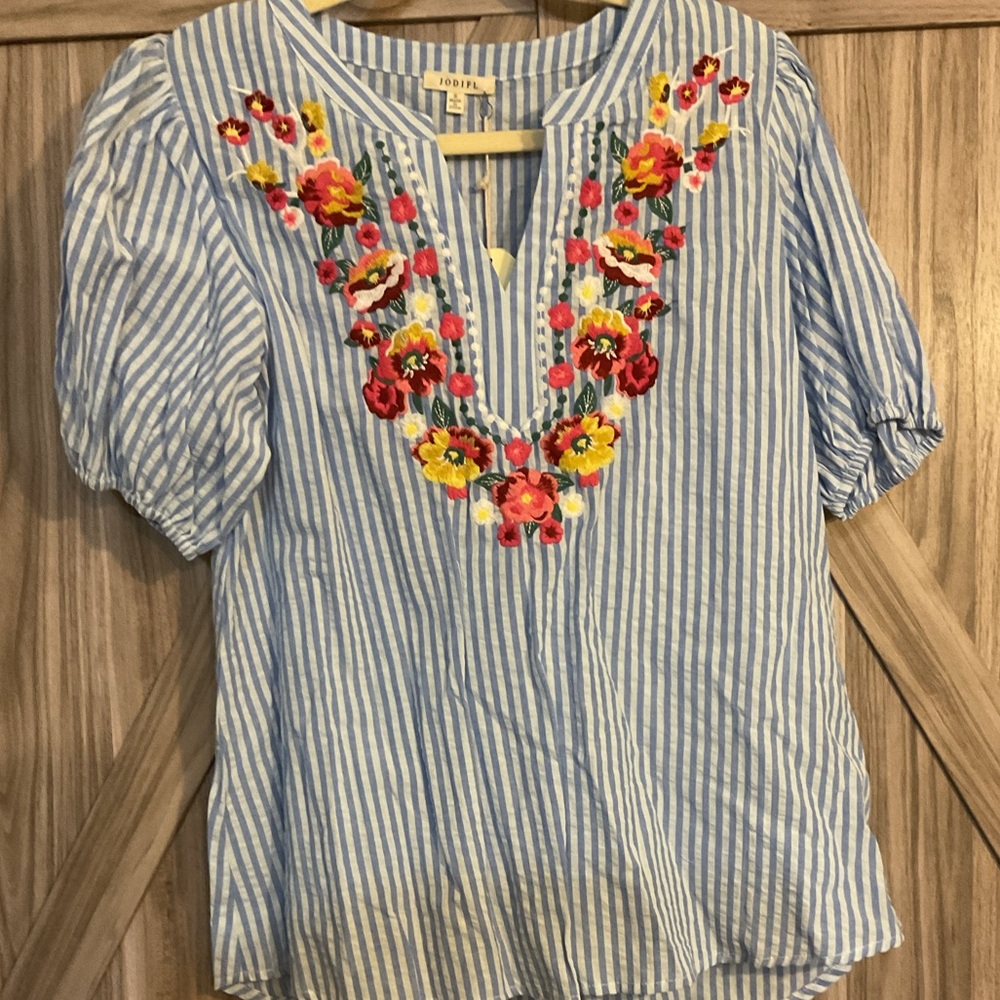 JODIFL Blue and White Embellished Blouse with Mandarin Collar
